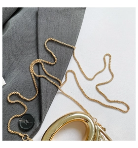 Close-up of a glossy gold metal handbag detail with a slim ring chain and grey fabric