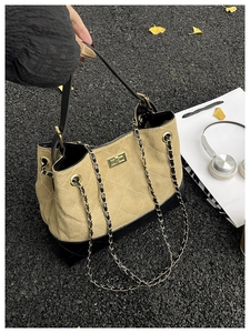 Chic khaki and black contrast tote bag with diamond stitching and golden chain strap