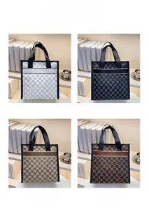 Four mini tote bags in white, black, khaki, and brown with monogram print pattern