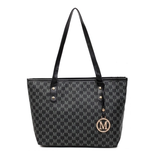 Classic black tote bag with gray M-logo pattern and gold metallic M-charm pendant