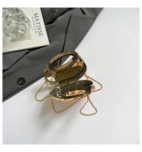 Detail of a designer mini clear bag with golden metal frame and circular handle