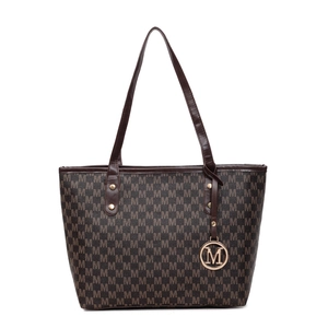 Retro large capacity tote bag with brown M letter print and gold logo pendant