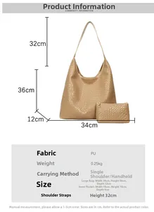 Size guide for large woven tote bag with 34x36x12cm dimensions and inner pouch info