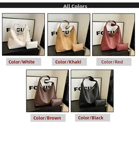Detail view of large woven hobo tote bags with matching small pouches in five colors