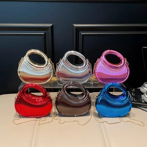 Metallic pleated hobo handbags set in various colors with round handles and chain straps