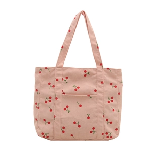 Sac fourre-tout en velours côtelé rose avec imprimé cerises et doubles anses