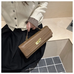 Detail of a brown crocodile pattern handbag with golden metal lock and handle