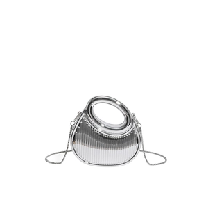 Modern silver metallic crescent handbag with circular hollow handle and chain strap