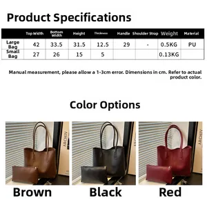 Tableau des tailles détaillé et dimensions pour sacs cabas en cuir PU en trois coloris