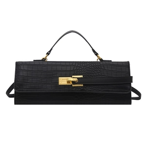 Elegant black crocodile pattern handbag with gold twist lock and adjustable shoulder strap