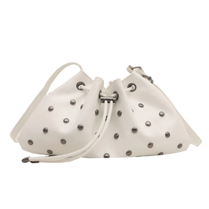White faux leather drawstring bucket bag with silver metal studs and thin shoulder strap