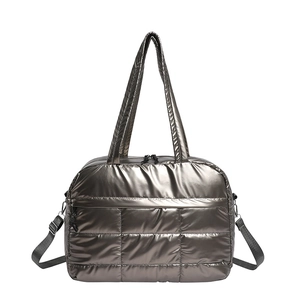 Quilted silver puffer tote bag with detachable strap and large capacity for women