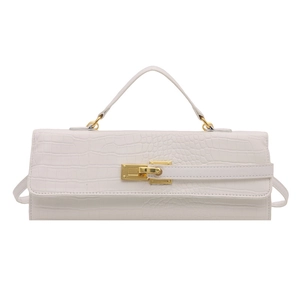 White crocodile pattern baguette handbag with gold lock and top handle for women