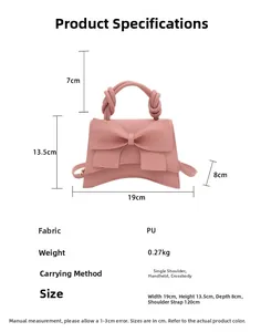 Detailed size chart for pink bow handbag showing dimensions and PU material specs