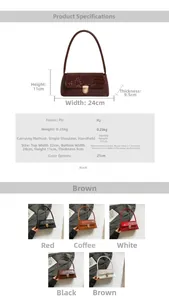 Detail view of crocodile pattern faux leather shoulder bag with size specifications
