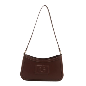 Brown retro underarm bag with embossed square G design and thin shoulder strap