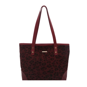 Large dark red leopard print tote bag with faux leather straps and golden metal accents