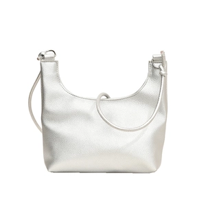 Minimalist silver crescent shoulder bag with metallic lychee texture and slender strap