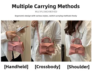 Detail of light pink bag with bow decoration showing crossbody and handbag styles