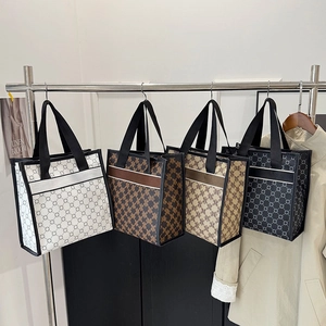 Women Monogram Tote Bag PU Leather Large Capacity Contrast Trim Commuter Handbag Casual Daily Retro Square Bag
