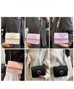 Quilted crossbody bag details showing pearl gold ring buckle and chain straps in 4 colors