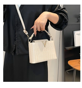 Detail of white crocodile pattern bucket bag with gold V buckle and leather handle