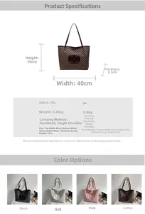 Detailed size specifications for a large capacity Monogram tote bag in four colors