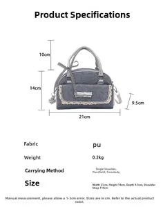 Sac à main bleu en PU avec nœud en dentelle et mesures de taille détaillées en cm