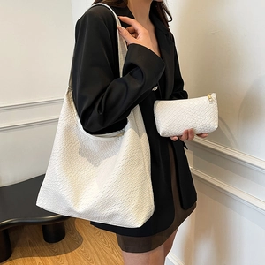 White woven leather hobo tote bag set for women with large capacity shoulder strap style