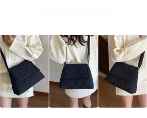 Three-panel view of a black quilted crossbody bag styled on a model for casual daily use