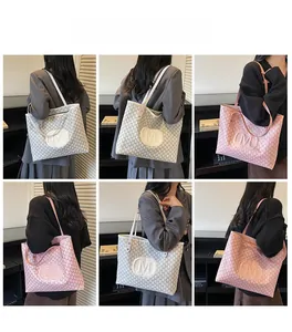 Multi-angle collage of stylish tote bags with M-pattern print in white and pink