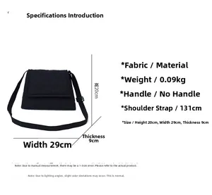 Size chart and specifications for the large quilted nylon crossbody bag with dimensions