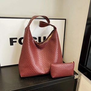 Large capacity burgundy woven tote bag set with matching small zipper pouch and shoulder strap