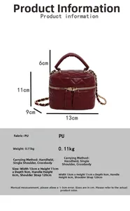 Size chart showing red quilted mini PU leather bag with chain strap and dimensions