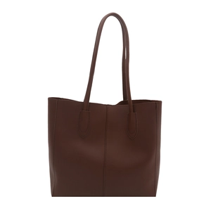 Large dark brown vintage tote bag with vertical stitching and dual long shoulder straps