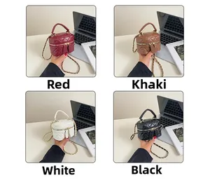 Quilted mini crossbody bags in four colors with gold chain straps and top handles