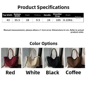 Size chart for hollow handmade woven tassel tote bag with four color options