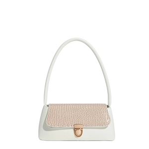 Retro cream white baguette bag with faux crocodile flap and gold clasp for women