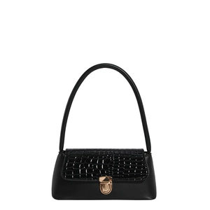 Elegante borsa sottobraccio nera con patta coccodrillo e chiusura a girello dorata