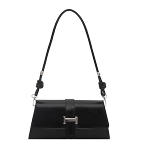 Minimalist black glossy leather square shoulder bag with silver buckle and knot details