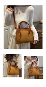 Three-way view of mustard yellow suede leather tote with round handles and adjustable strap