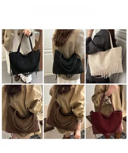 Collage of model carrying various colors of bohemian tassel tote bags in street settings