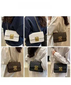 Three colors of chain crossbody bags featuring M-letter pattern on models in a grid view