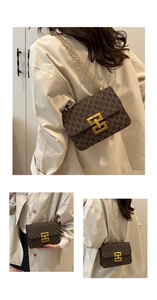 Detailed view of brown chain crossbody bag with M-pattern texture and gold metal buckle