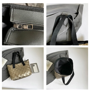 Detail view of champagne gold quilted tote bag with metal zipper and large capacity