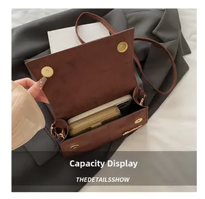 Brown suede crossbody bag capacity display showing phone and wallet inside for daily storage