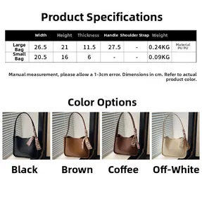 Size chart showing large and small PU leather tote bags dimensions in four colors