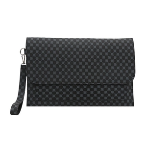 Sleek envelope clutch with geometric circular pattern and detachable wrist strap