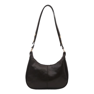Minimalist dark brown half-moon hobo bag with glossy oil leather and gold studs