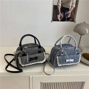 Women Vintage Sweet Denim Handbag Lace Trim Bow Tie Shoulder Crossbody Bag Adjustable Strap Kawaii Daily Casual